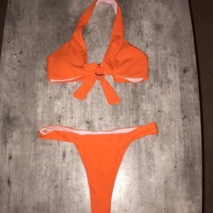 Orange Halter Neck Brazilian Thong Bikini